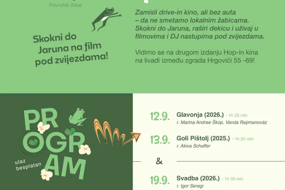 Plakat za HOP-IN KINO 2026. na Jarunu s programom za 12., 13., 19. i 20. rujna.