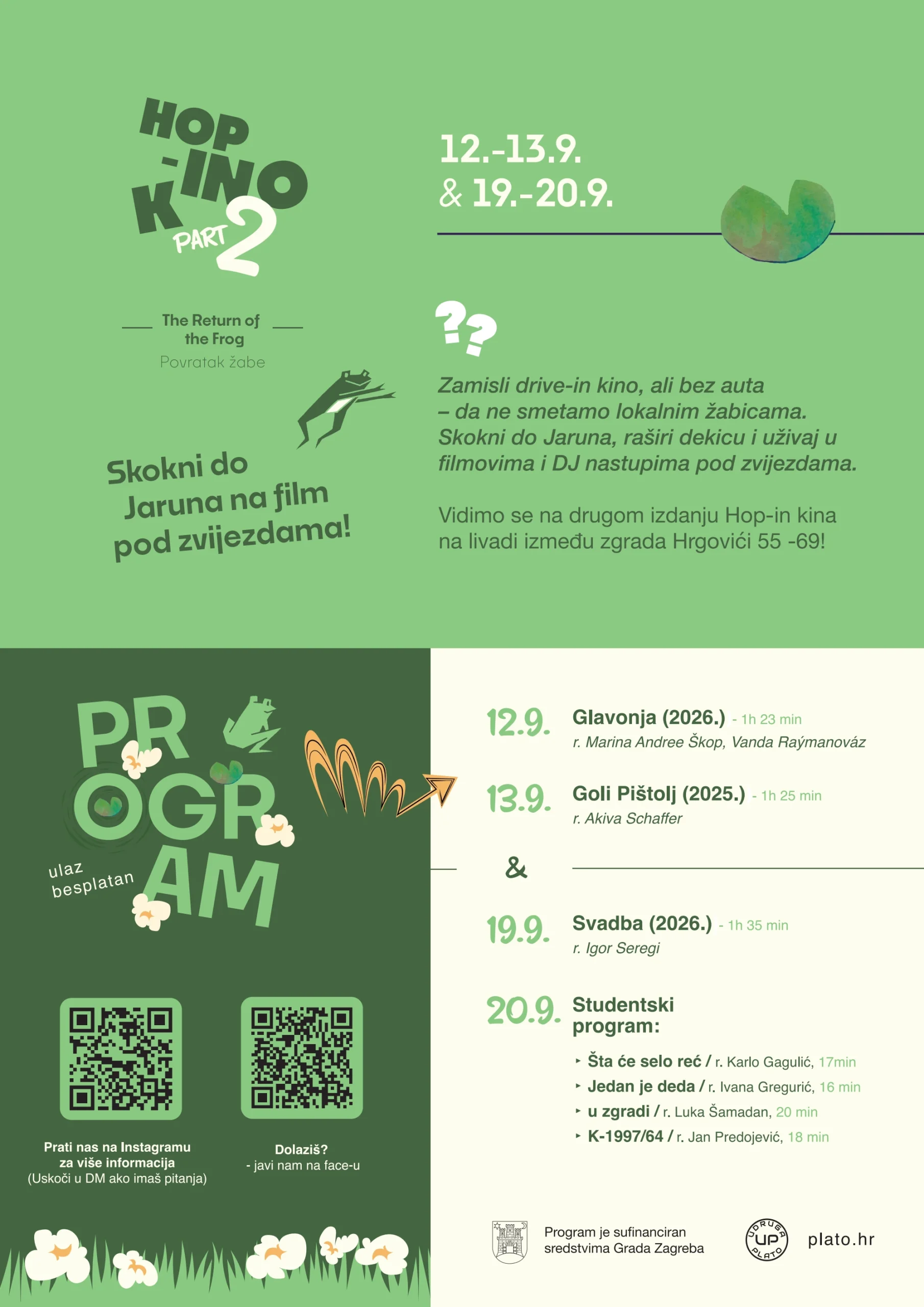Plakat za HOP-IN KINO 2026. na Jarunu s programom za 12., 13., 19. i 20. rujna.